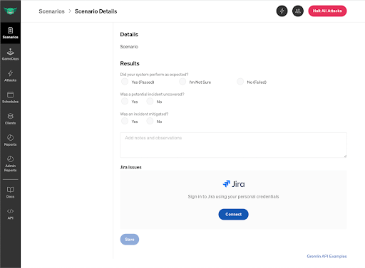 Connecting Jira integration from the Scenario Runs page