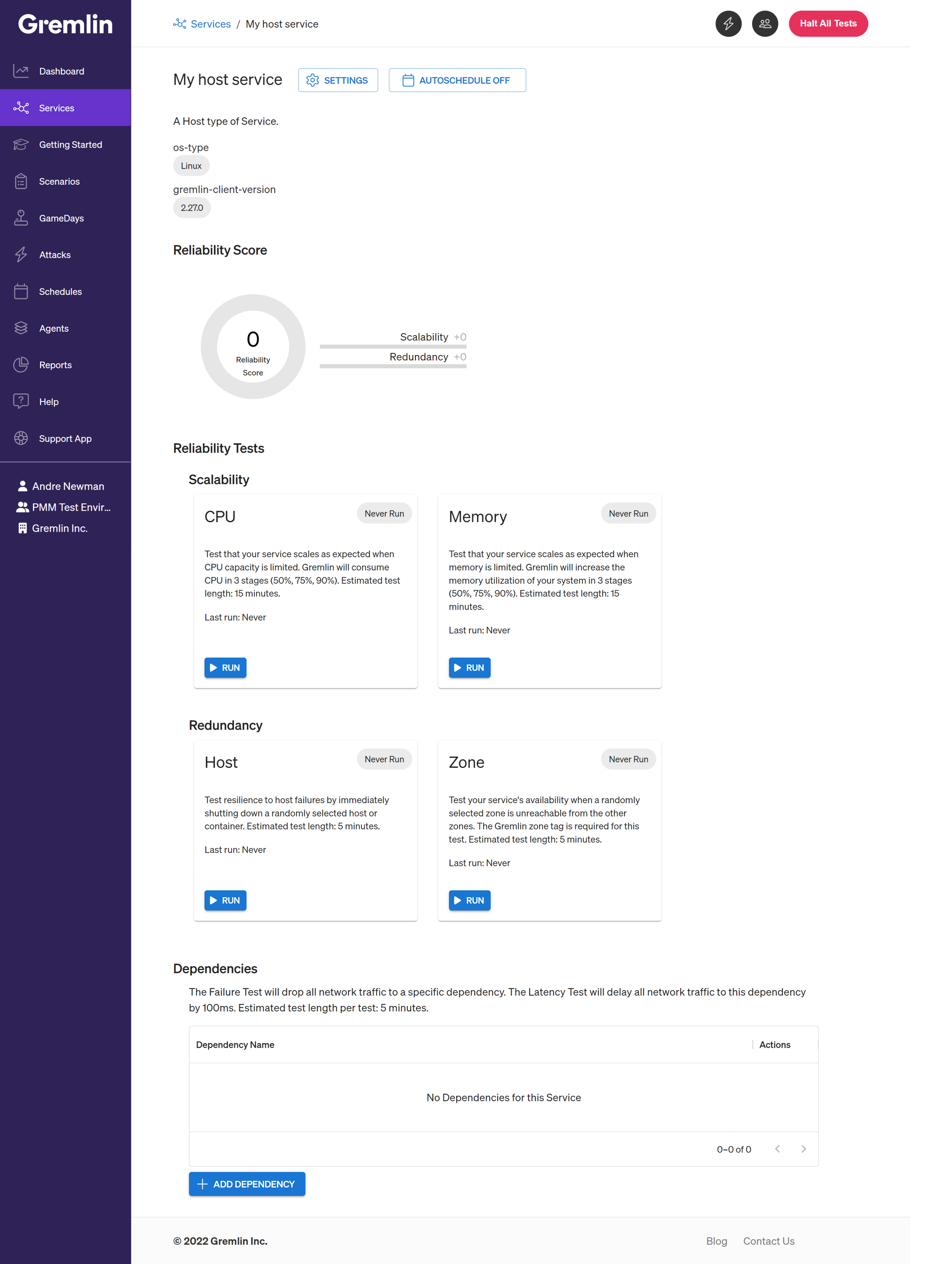 Viewing the service overview page for a newly created service