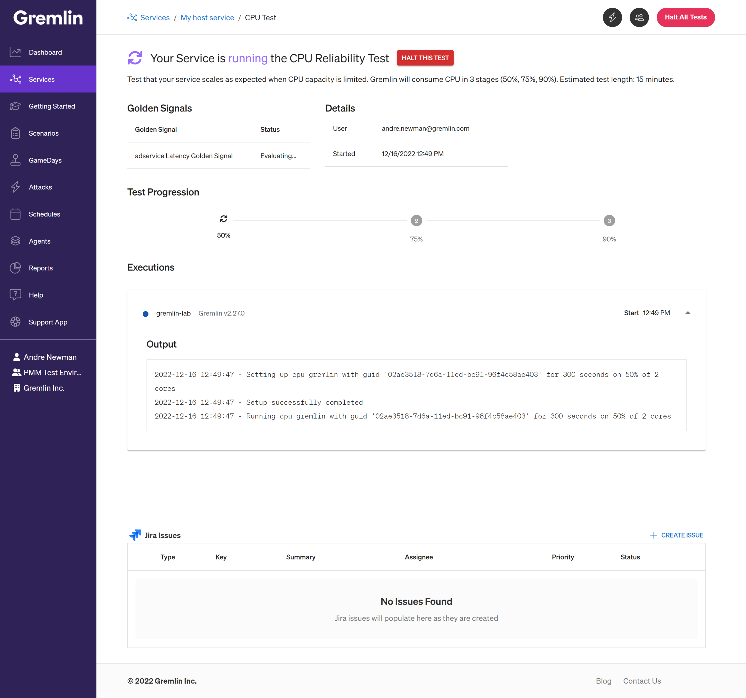 A web page showing the details of an actively running CPU test