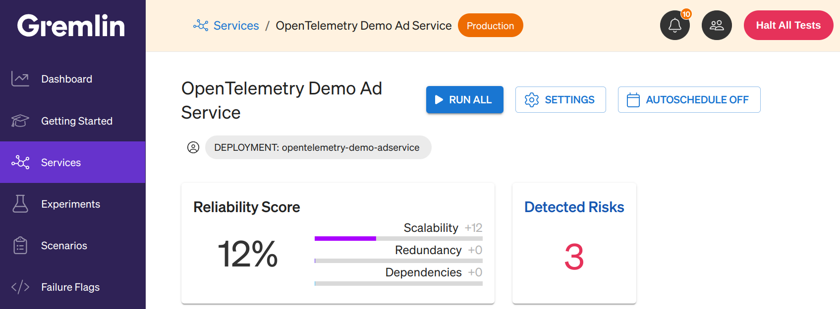 The details page for a service showing a reliability score of 12% and 3 Detected Risks