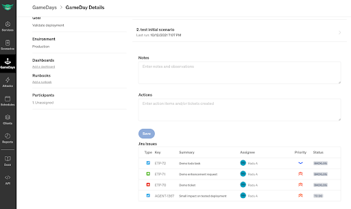 Jira Issues section on GameDay Summary page