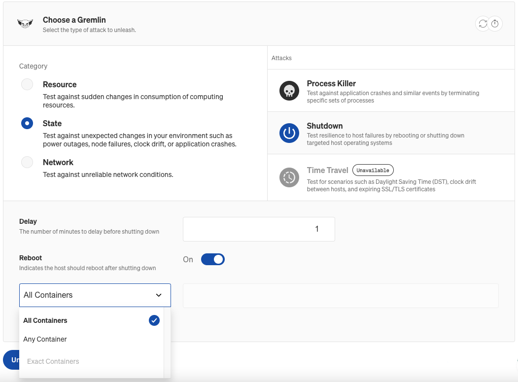 Any, all, or specific options for container experiments