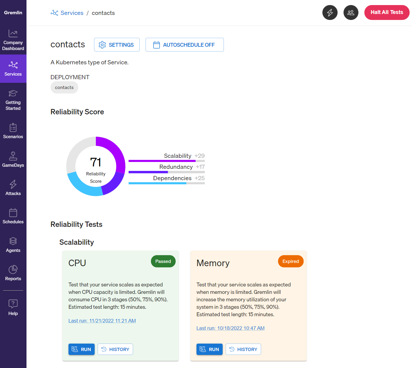 A detailed overview of a service in the Gremlin web app