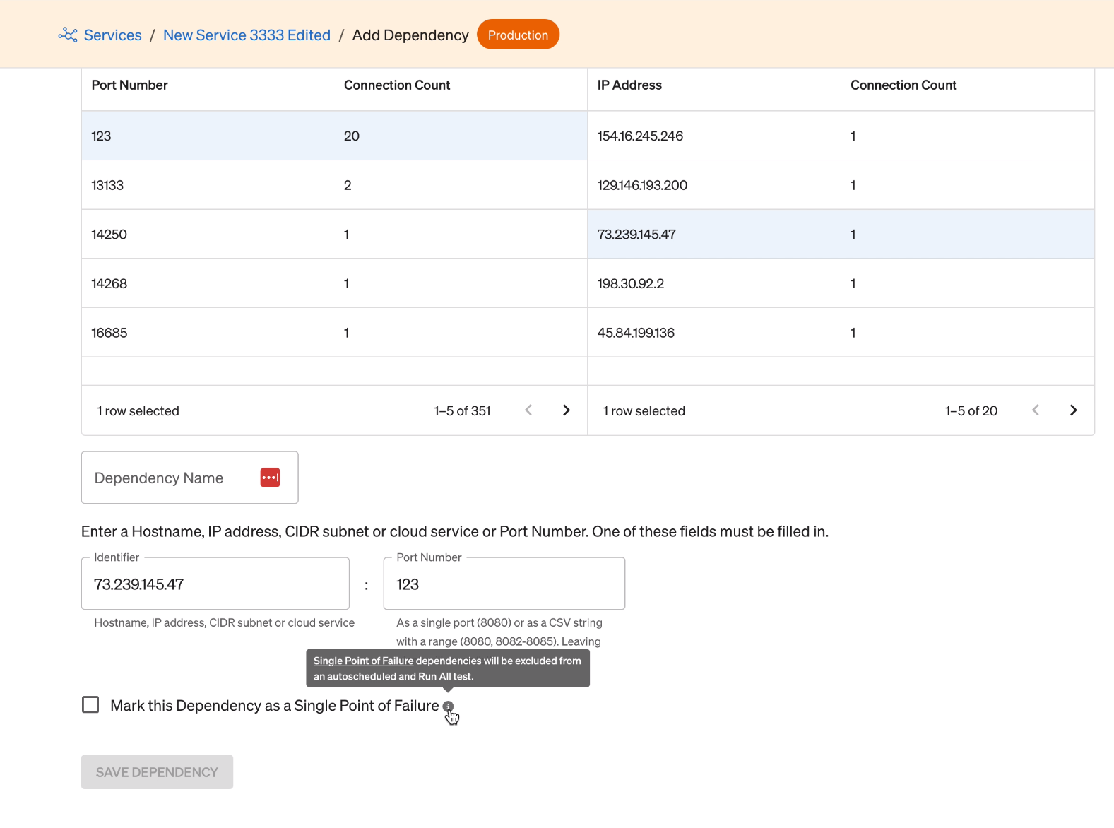 Screenshot of adding a new suggested dependency using IP address and port number