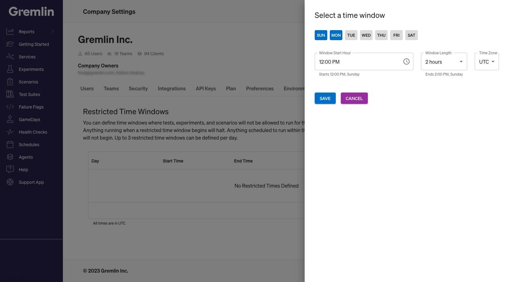 Editing a restricted time window to prevent tests on Sundays and Mondays between 12 and 2 PM.