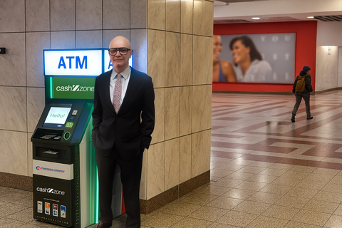 Ioannis Vougioukas, CEO of Epirus Bank, standing next to an NCR Atleos Cashzone cobranded ATM in the Syntagma Metro station in Athens, Greece.