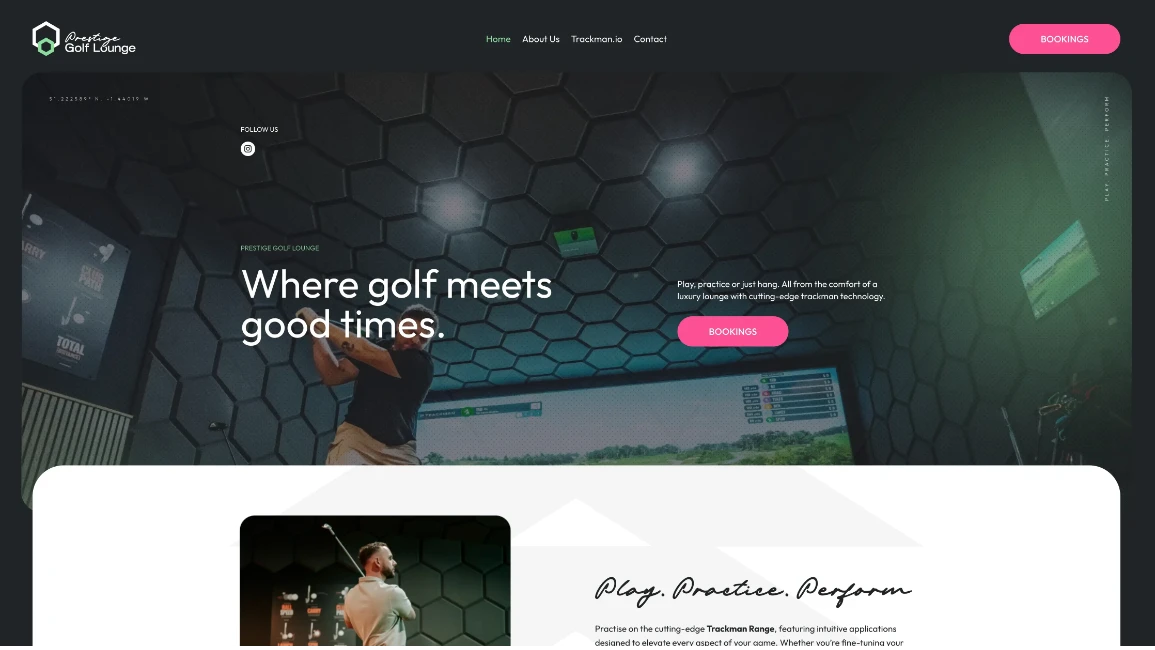 Prestige Golf Lounge website homepage showing tagline “Where golf meets good times” and golf simulator in background
