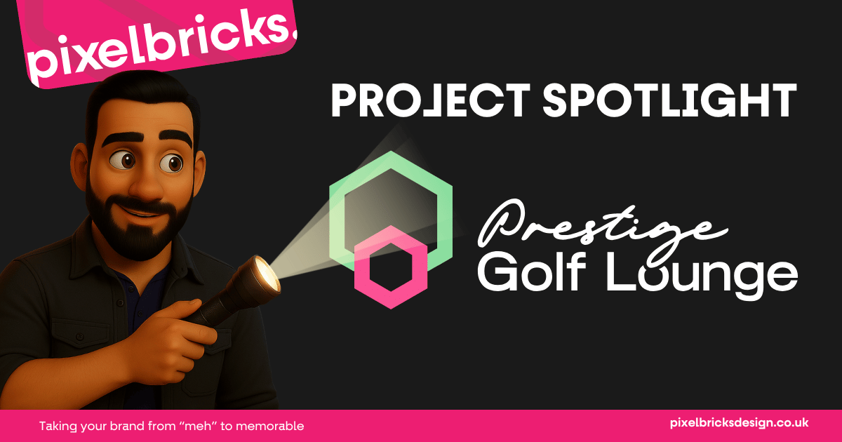 Pixelbricks Project Spotlight featuring Prestige Golf Lounge – Brand & Website Design in Andover with bold, modern visuals.