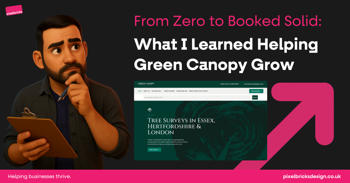 Illustration of a thoughtful man holding a clipboard beside a laptop screen showing the Green Canopy website. Text reads: “From Zero to Booked Solid: What I Learned Helping Green Canopy Grow.” A large upward arrow and Pixelbricks branding appear on a dark background.