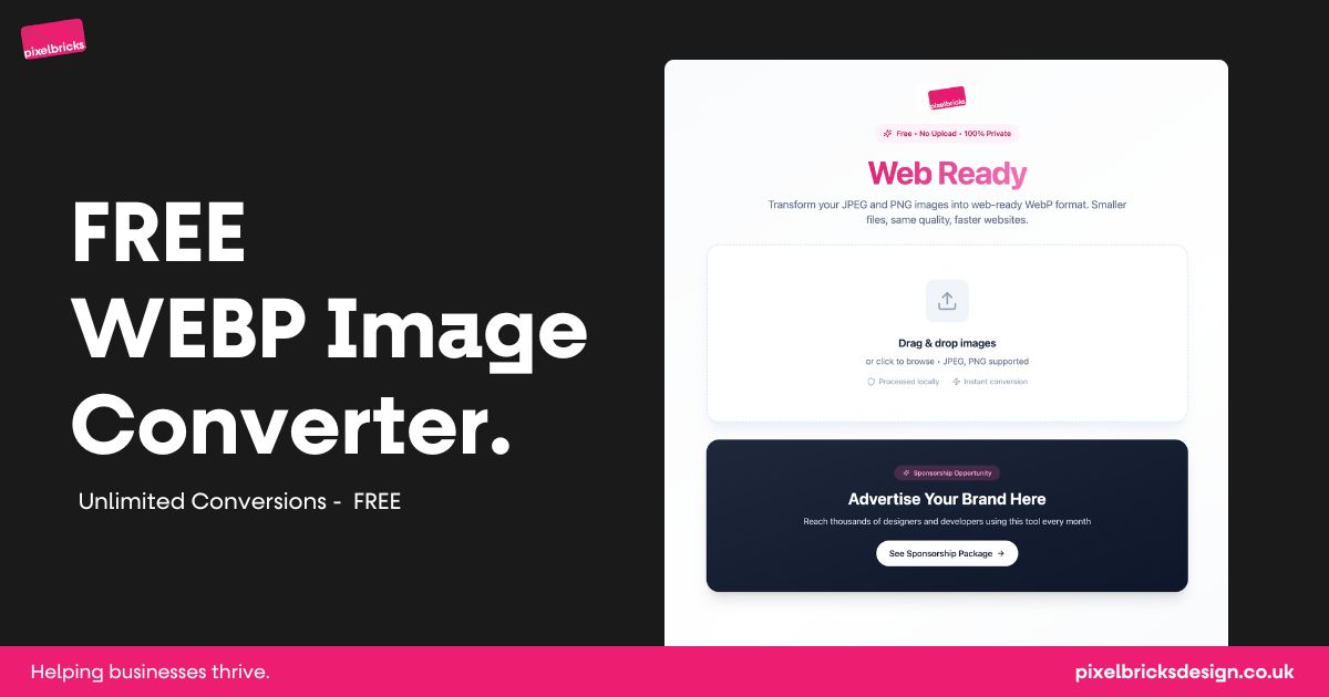 Promotional graphic for Web Ready, a free WebP image converter offering unlimited conversions, showing the drag-and-drop interface and sponsorship banner.