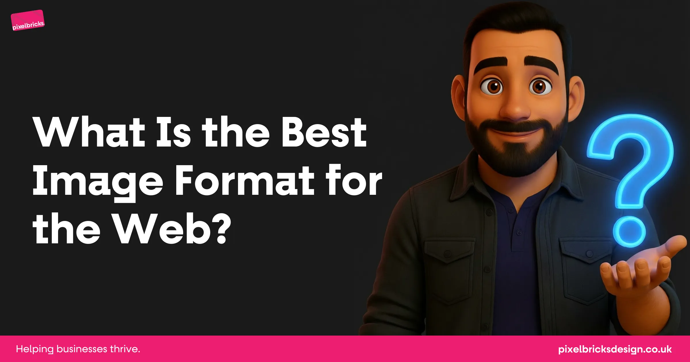 What is the best image format for the web graphic showing a character holding a question mark, promoting WebP image optimisation. Shout if you want it more accessibility-first or more keyword-punchy — there’s a fine line and we’re already walking it politely.