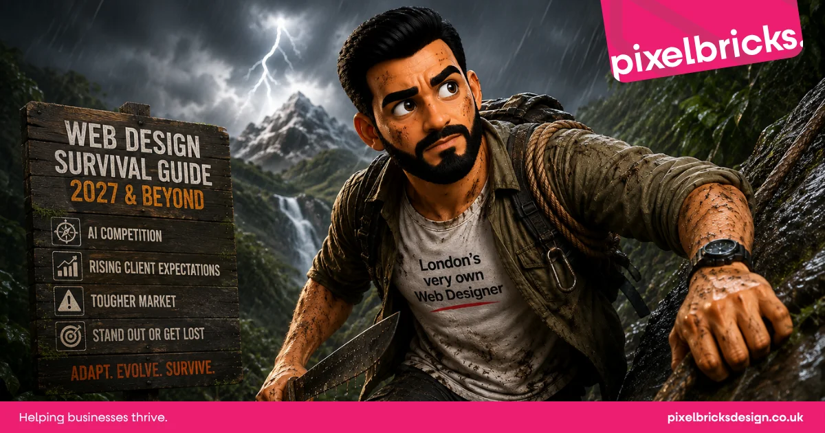 A muddy, determined web designer character climbing a rain-soaked mountain trail wearing a torn 'London's very own Web Designer' t-shirt, beside a wooden sign reading 'Web Design Survival Guide 2027 and Beyond' listing AI competition, rising client expectations, tougher market and stand out or get lost, with a pink Pixelbricks logo top right and 'Helping businesses thrive' footer bar.