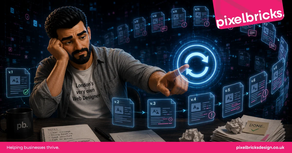 Web designer caught in an endless AI feedback loop, repeatedly revising work instead of accepting it as finished.