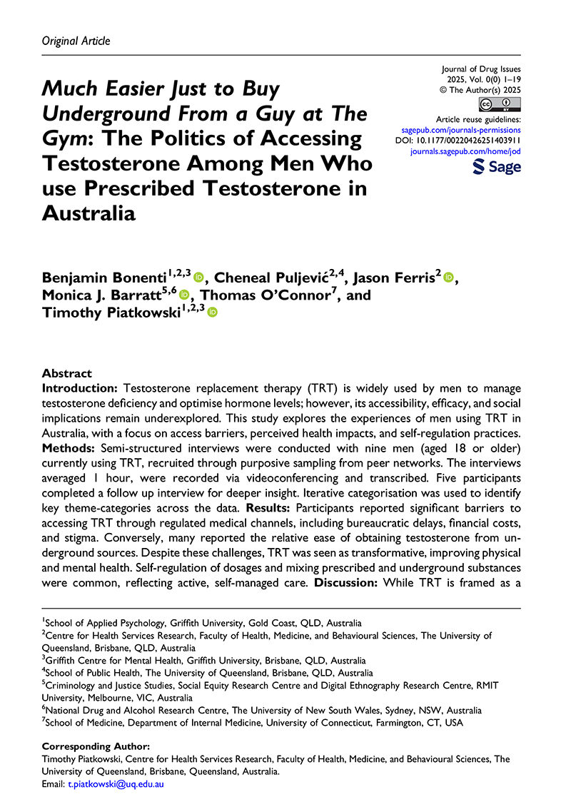 Much Easier Just to Buy Underground From a Guy at The Gym: The Politics of Accessing Testosterone Among Men Who use Prescribed Testosterone in Australia
