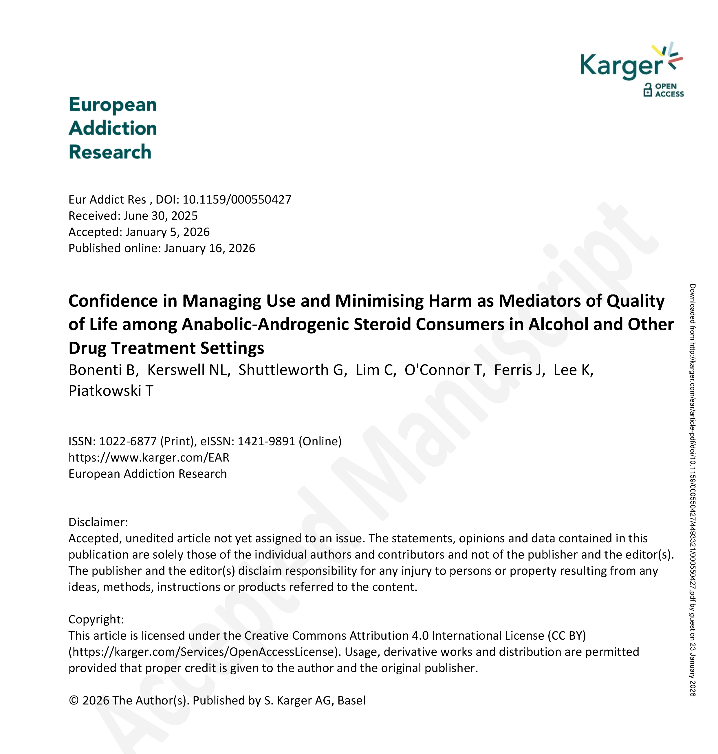 Confidence in Managing Use and Minimising Harm as Mediators of Quality of Life among Anabolic-Androgenic Steroid Consumers in Alcohol and Other Drug Treatment Settings 