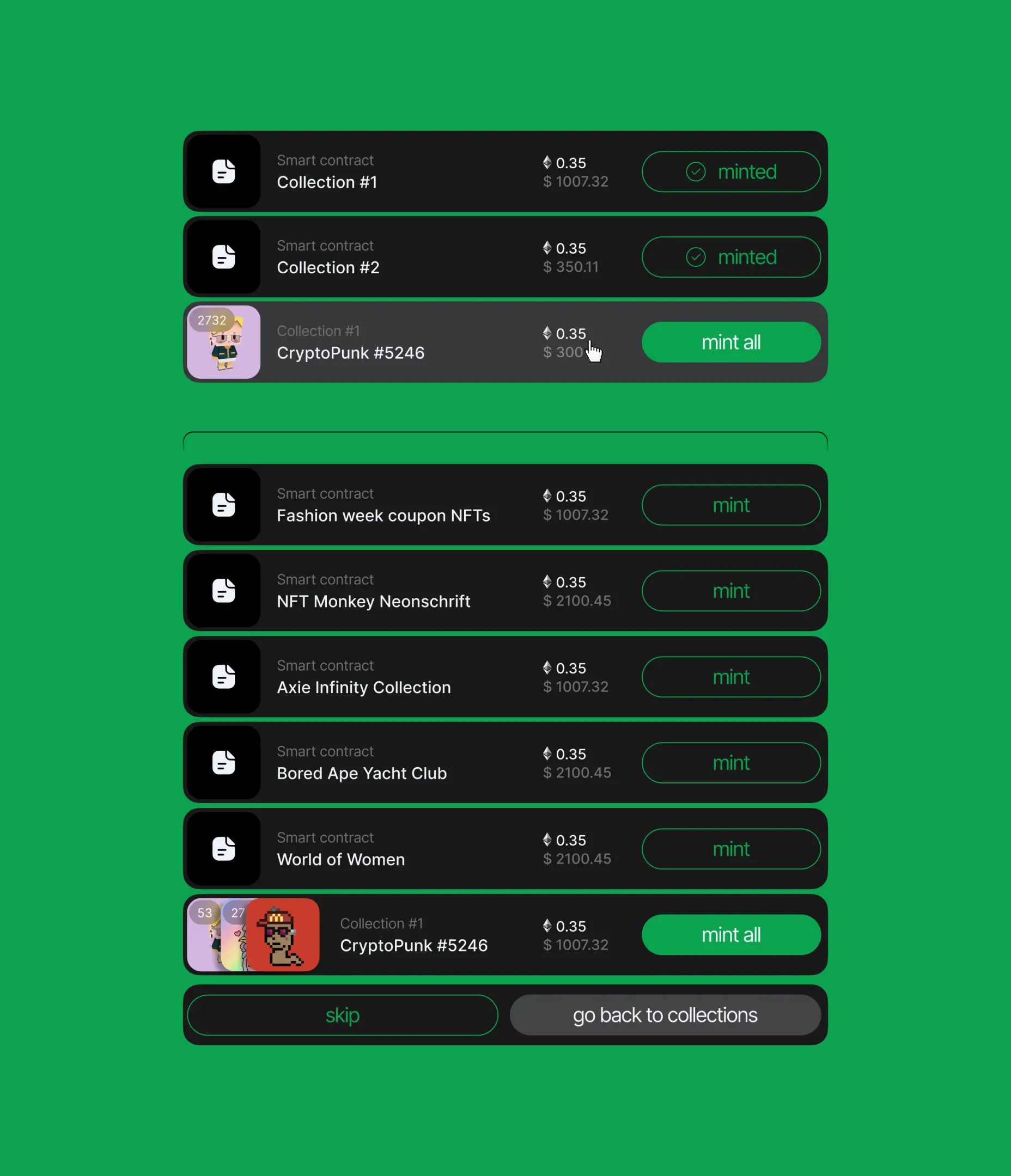 The list of smart contracts on a green background