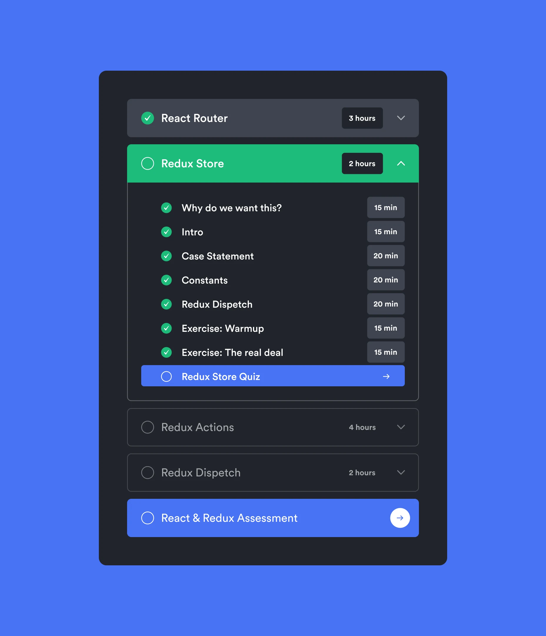 Interface showcasing the modules & lessons navigation