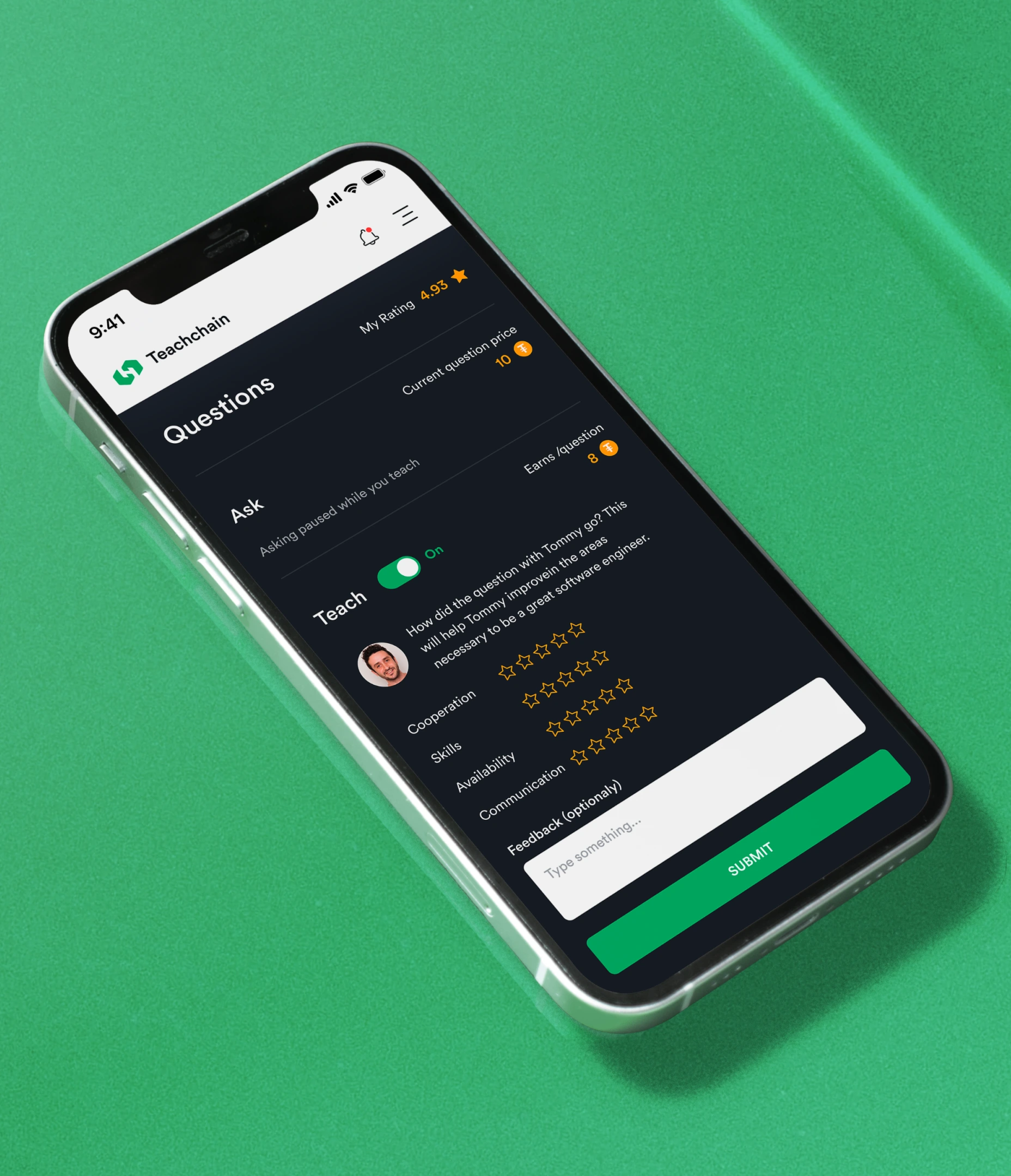 Mobile screen displaying rate the teacher feature