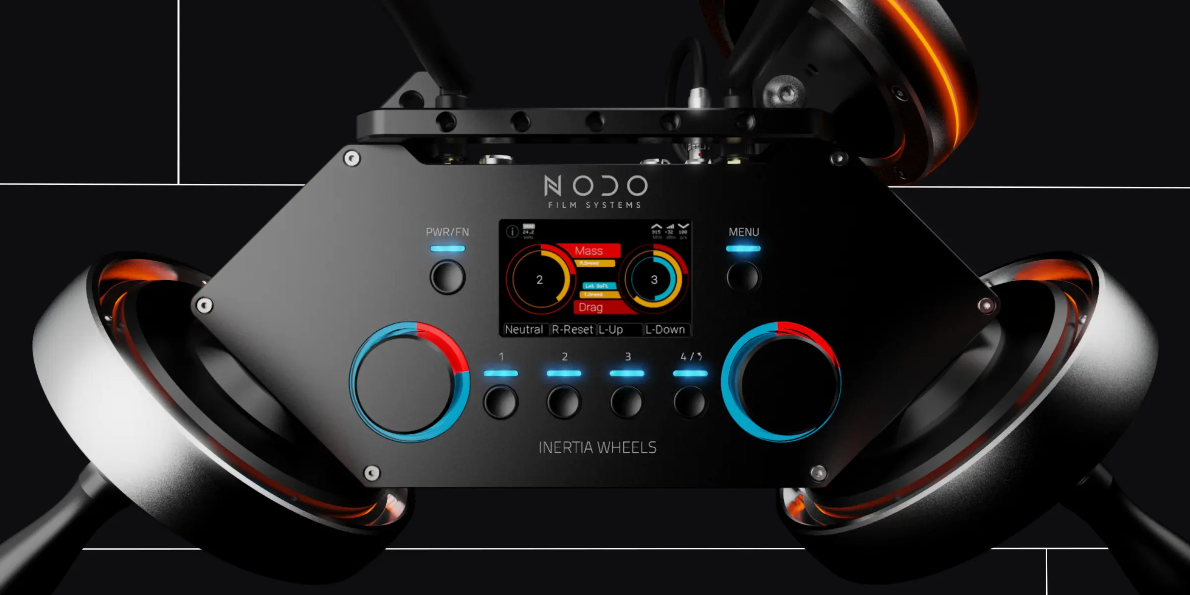 A 3D model of NODO wheels against the dark background