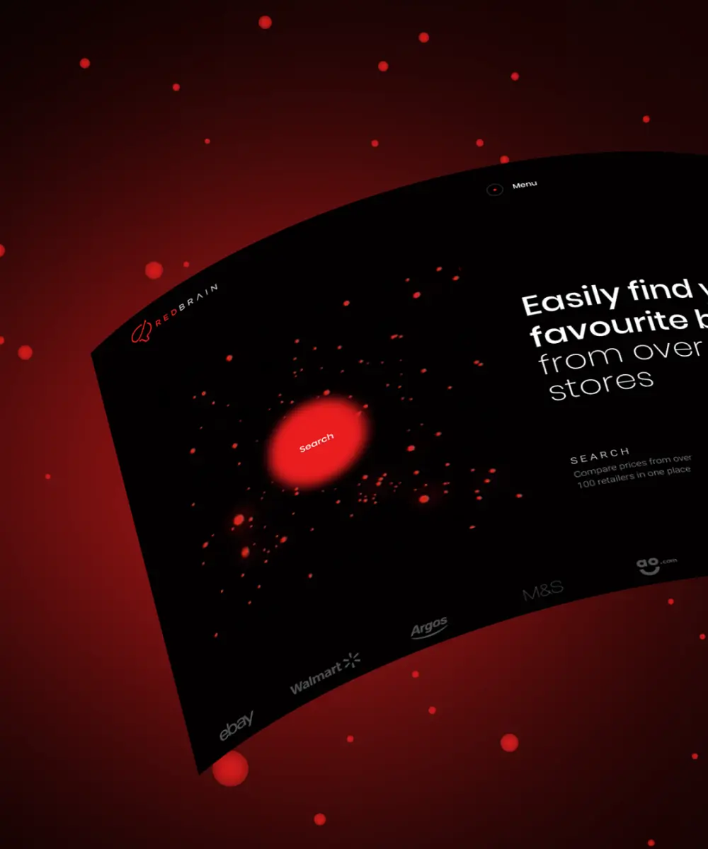 A graphic element in the form of a cylinder with some text about Redbrain is against the gradient-red background with red dots