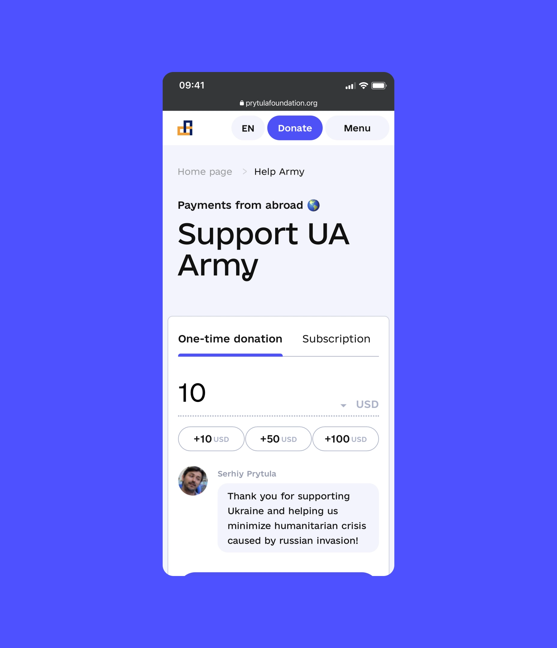 The mobile version of the donation page