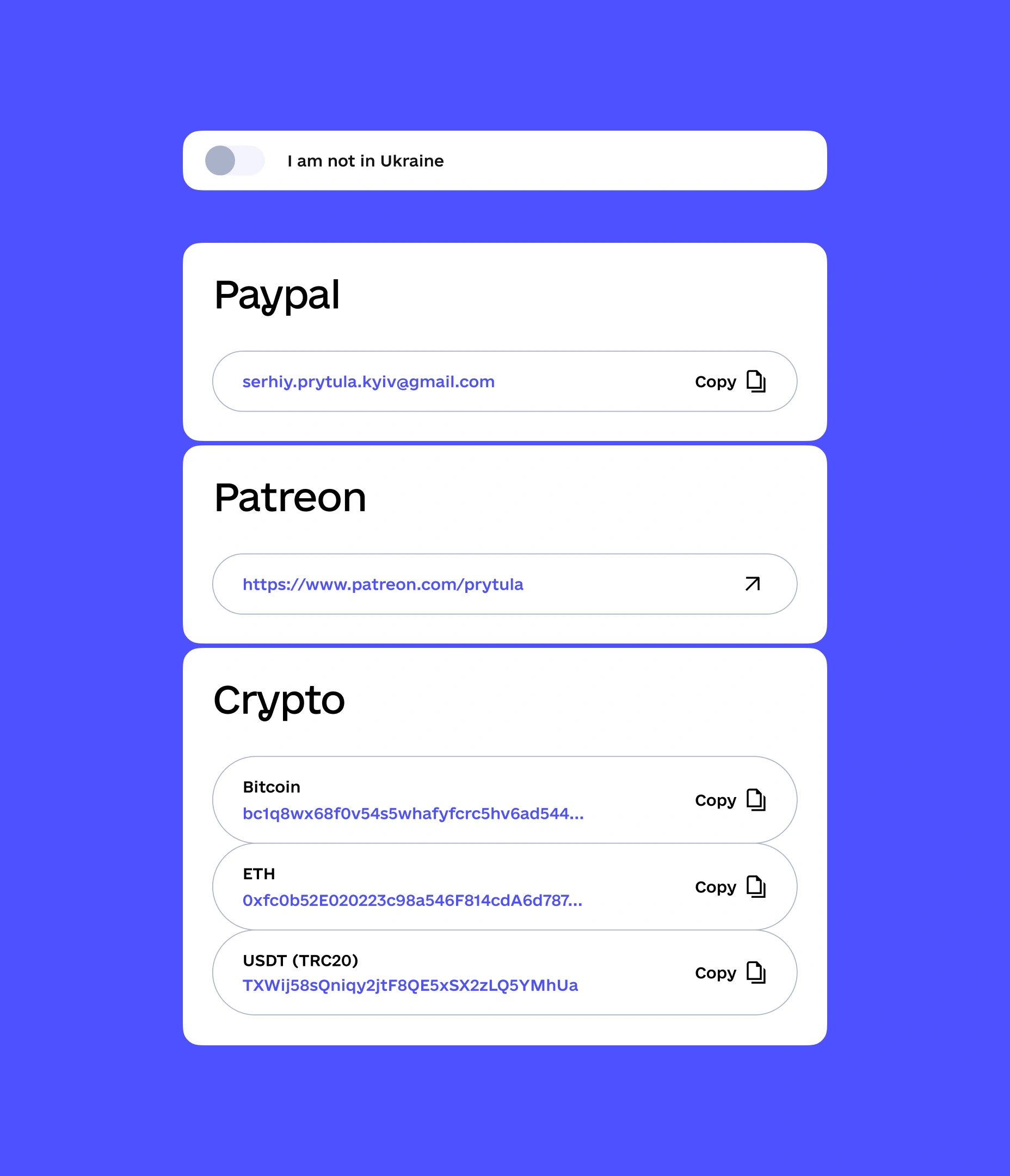 Widgets displaying various donation platforms