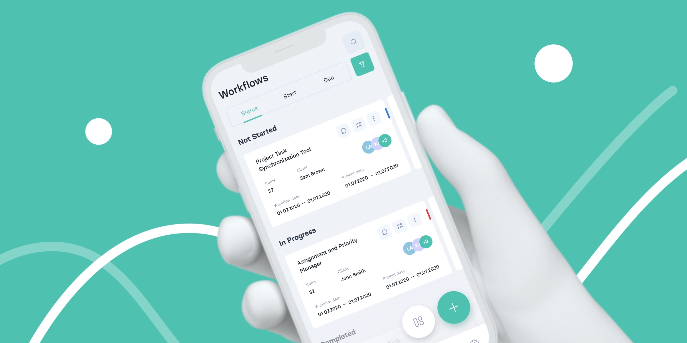A hand is holding a mobile device displaying an interface screen from the Retasks app.