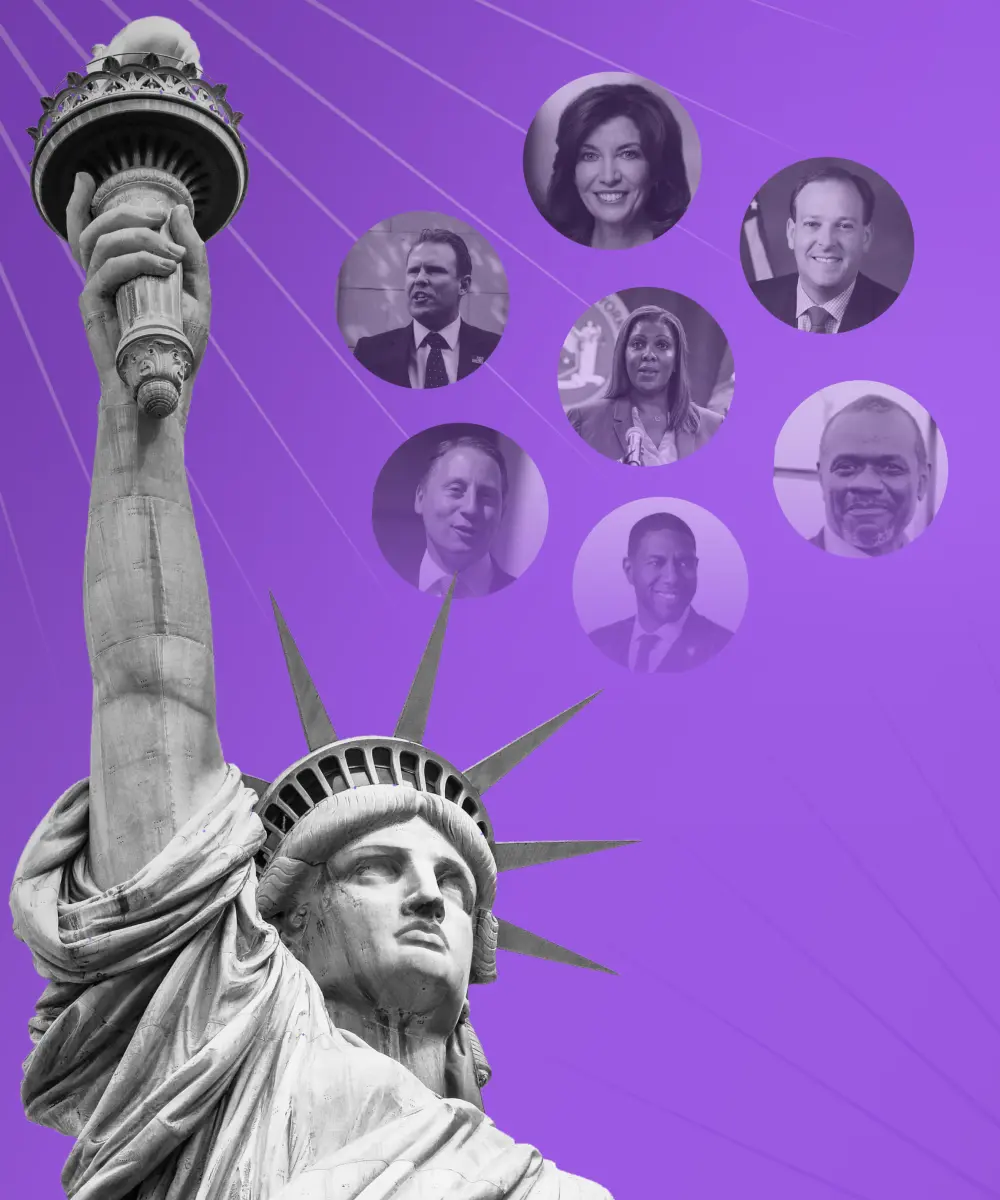 US statue of liberty is shown on a purple background and a few images of UX politicians