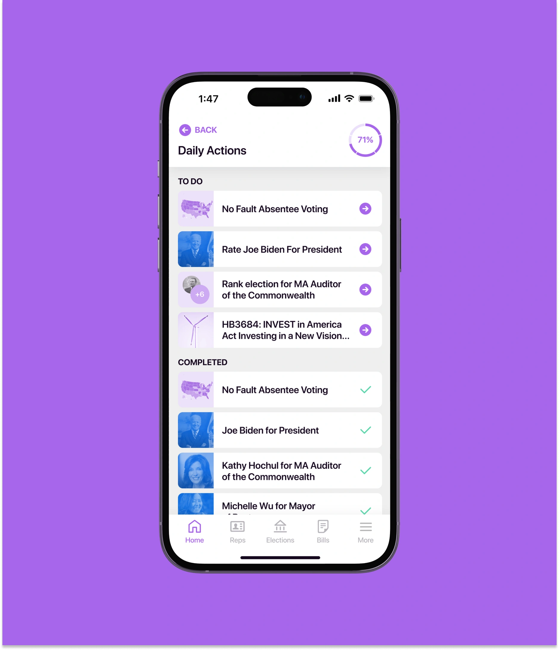 A mobile version of the Daily Actions page