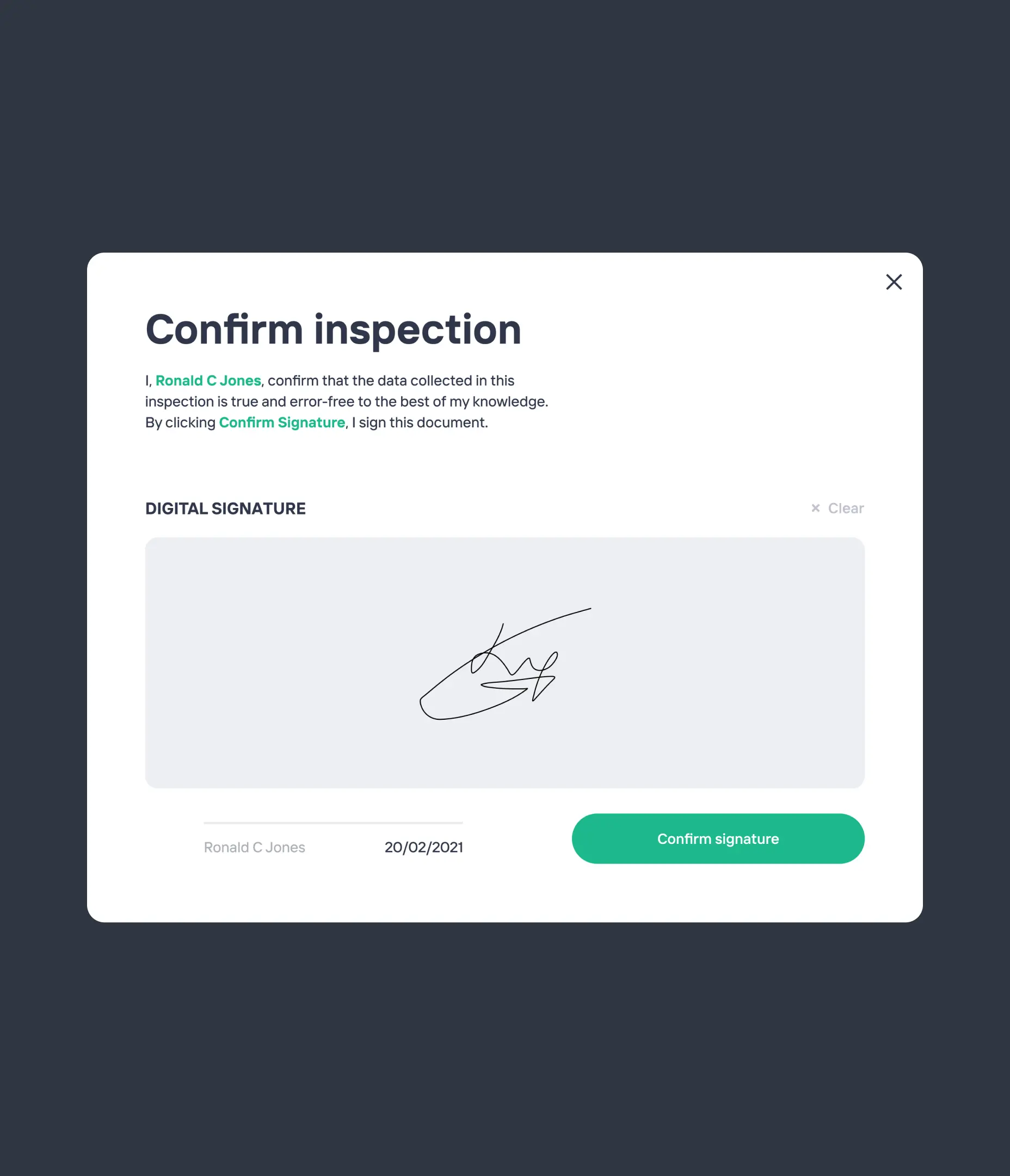 A pop-up showing how to sign an inspection results once it was completed