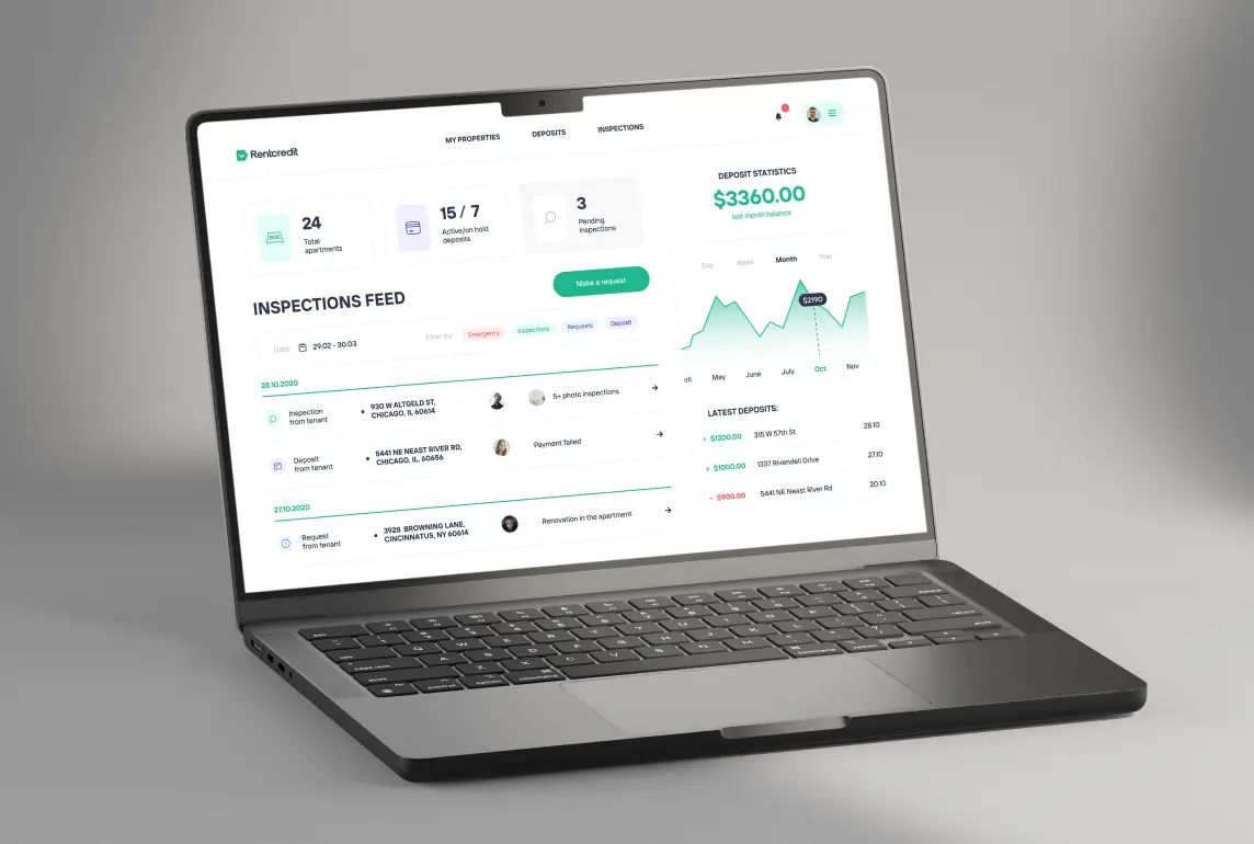 A laptop displaying Rentcredit interface