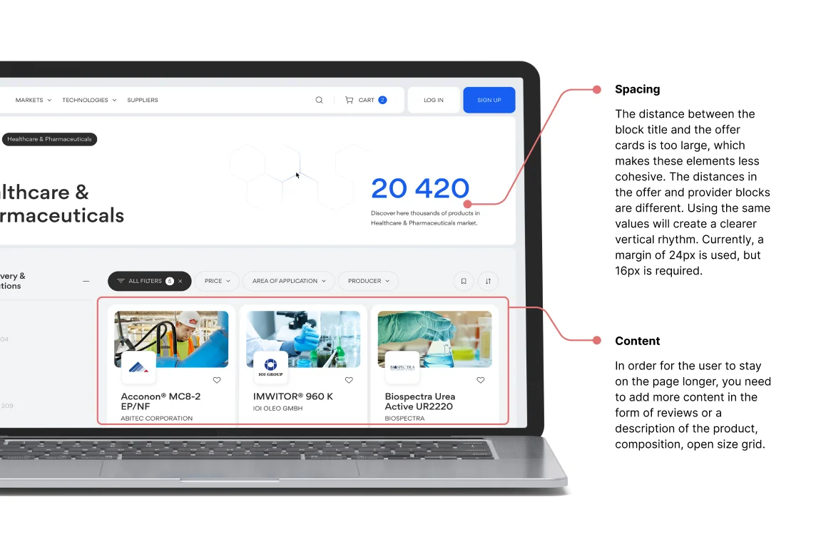 A presentation screen showing the results of a UX Audit for a marketplace.