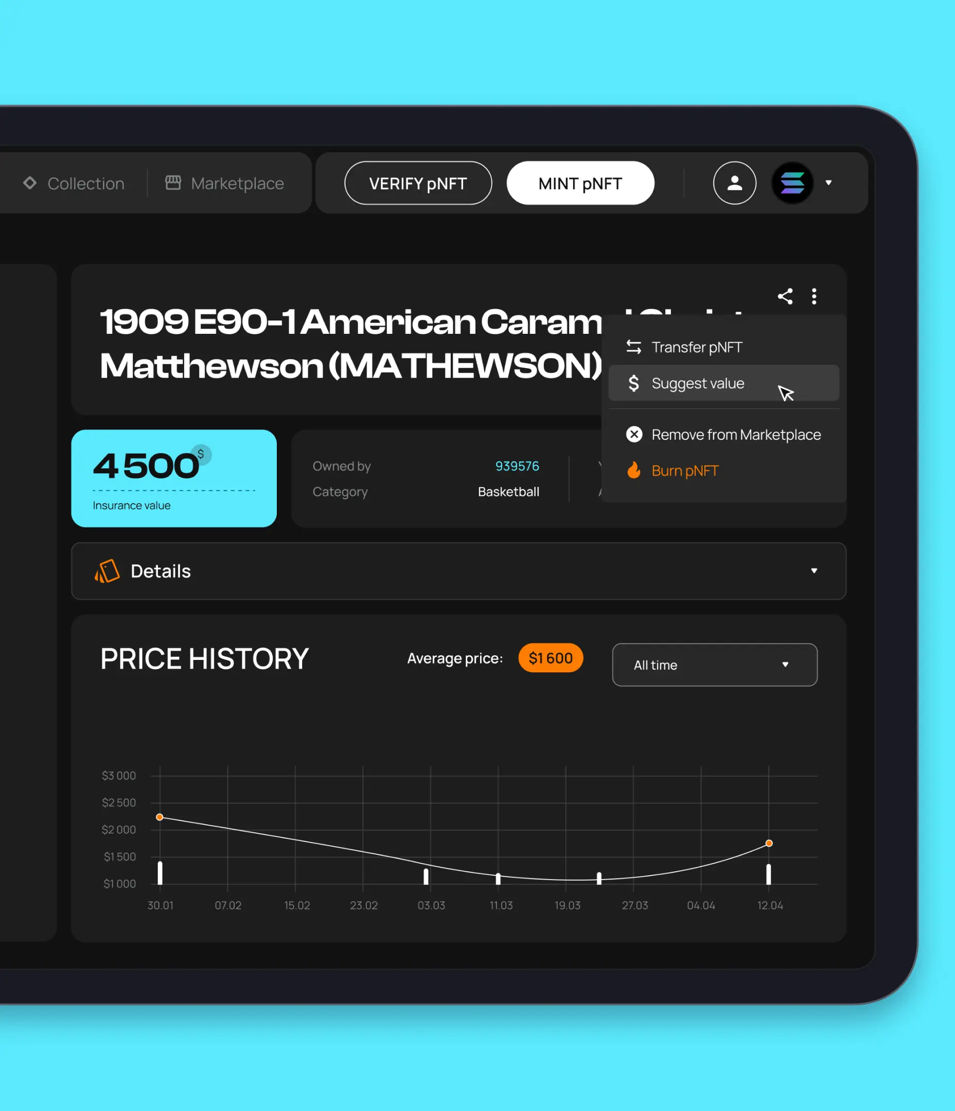 A graph showing the price history of an NFT, designed by Lazarev. design agency