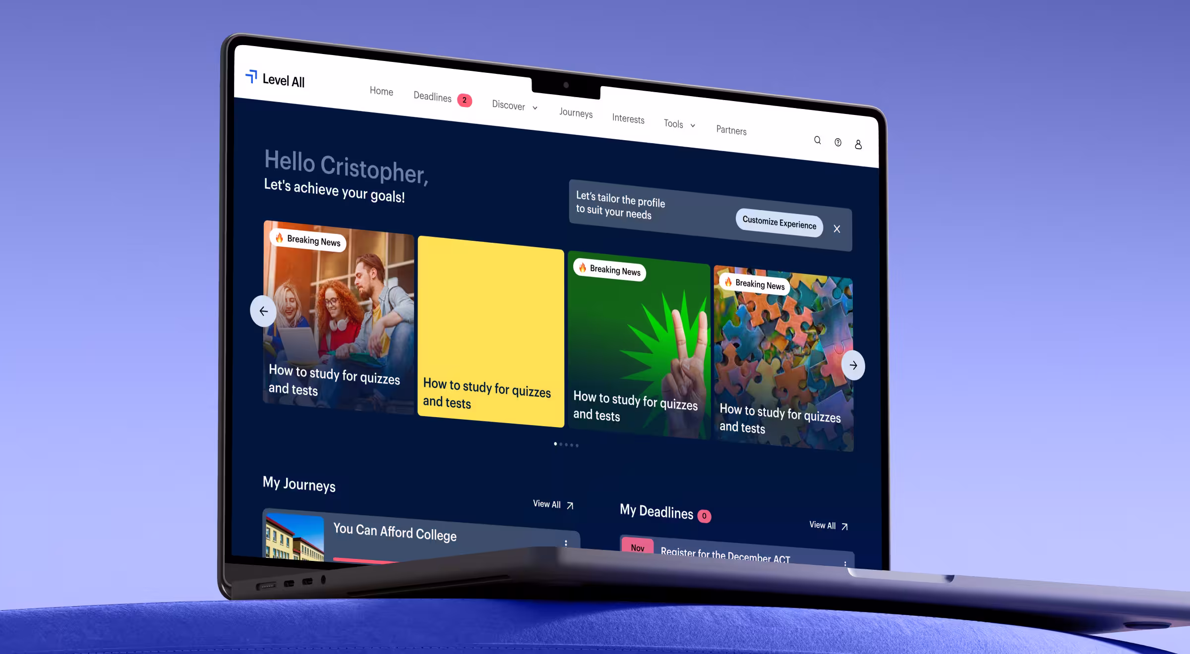 A tablet displaying the homepage of the Level All educational platform. The screen greets the user with 'Hello Cristopher, Let's achieve your goals!' and features a horizontal carousel of study tips titled 'How to study for quizzes and tests' under a 'Breaking News' label. Navigation includes options like Home, Deadlines, Discover, Journeys, Interests, Tools, and Partners. Below the carousel, sections titled 'My Journeys' and 'My Deadlines' are visible. The interface uses a dark blue theme with vibrant, colorful tiles and a clean, modern design.