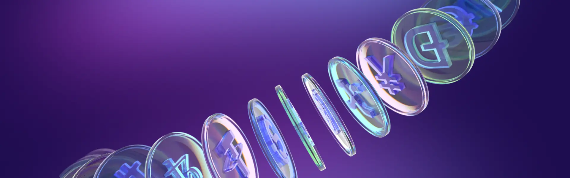 The image shows a row of translucent, glass-like coins floating in a diagonal line against a vibrant purple background. Each coin contains a different currency or cryptocurrency symbol, including the dollar, yen, euro, and various digital currency logos. The coins have a glossy, holographic appearance, giving the composition a futuristic and digital finance aesthetic.