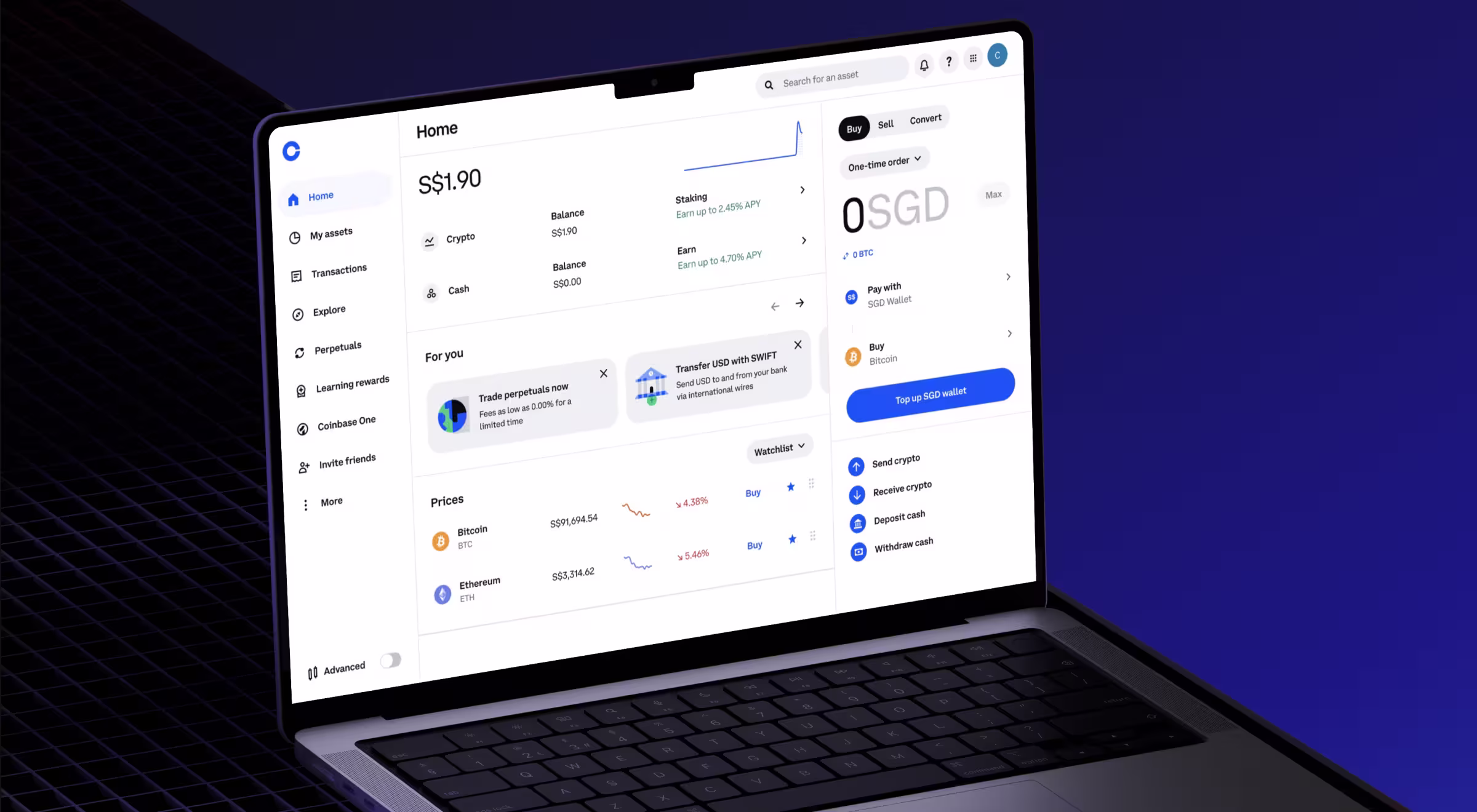 The image shows a laptop displaying the user interface of a cryptocurrency trading platform Coinbase. The screen features a clean, white layout with a left-hand sidebar for navigation, including options like Home, My Assets, Transactions, Explore, and Learning Rewards. The main dashboard displays the user’s balance in Singapore dollars (S$1.90), crypto and cash holdings, and opportunities for staking and earning interest. It also highlights options to buy, sell, or convert crypto, as well as tools for sending and receiving digital assets. Real-time Bitcoin and Ethereum prices with percentage changes are shown alongside market trend graphs, all against a sleek blue-purple gradient background.
