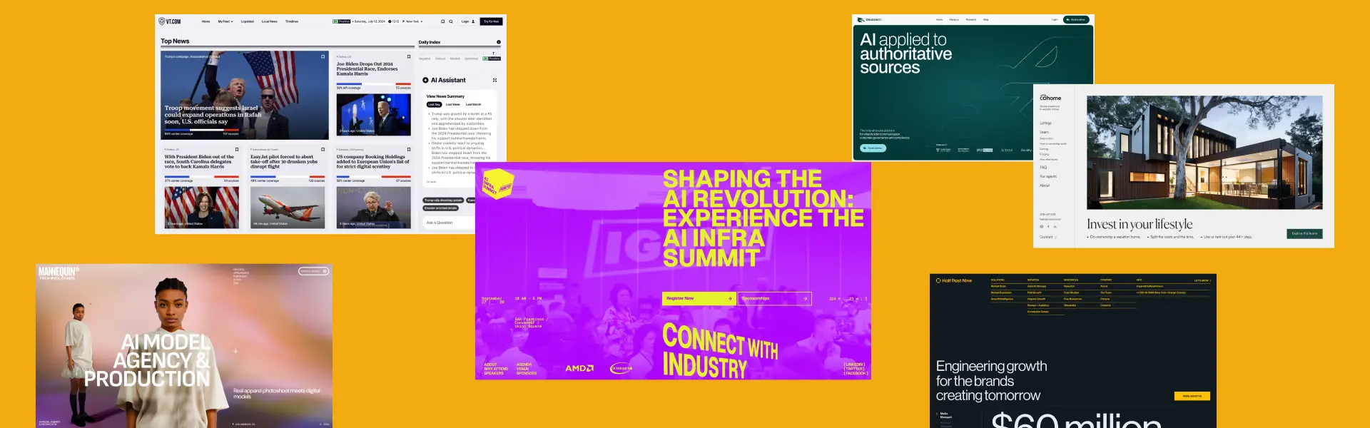 The image displays a collage of six modern website screenshots over a bold orange background, showcasing a variety of design styles and industries.