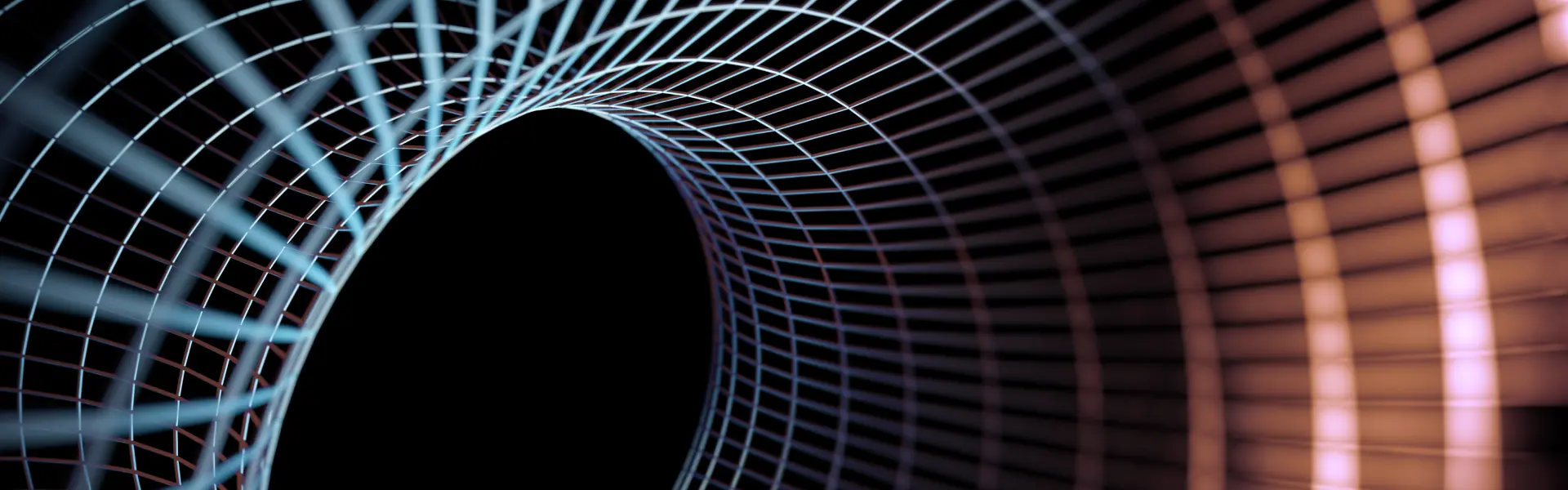 Abstract 3D rendering of a wireframe tunnel with blue and pink lighting. The tunnel curves inward to a dark central void, creating a sense of depth and motion.