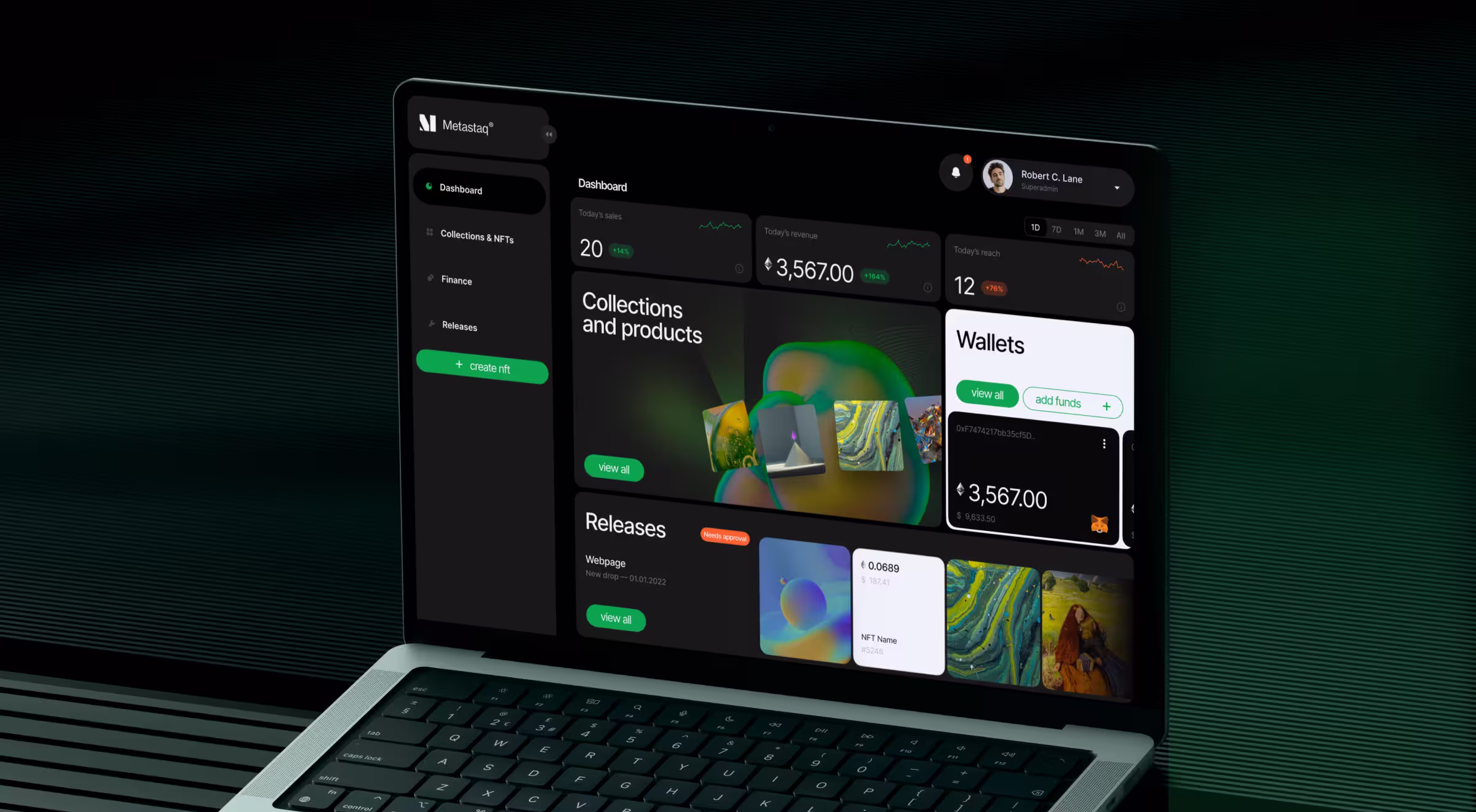 A sleek dark-themed laptop screen displays the Metastaq NFT dashboard. It shows sales and revenue analytics, wallet balances, and visual previews of NFT collections and releases. The interface features green accents, modular cards, and user profile access in the top right corner.