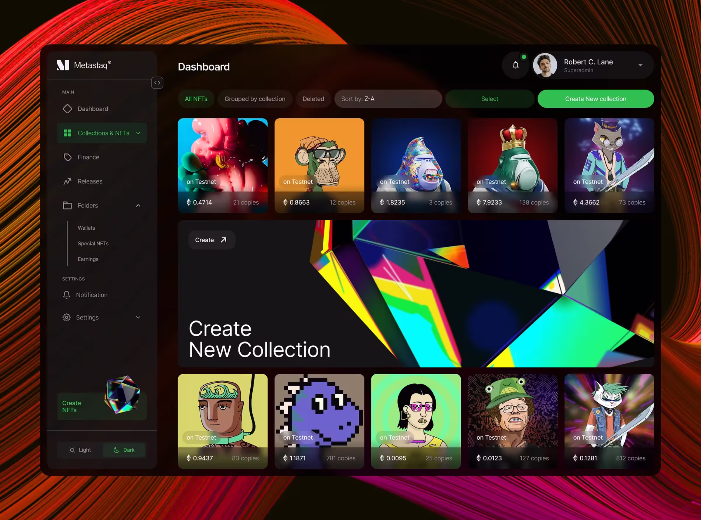 A dashboard interface for Metastaq's NFT management platform displayed on a dark-themed screen. It shows multiple NFT assets with thumbnails, Ethereum values, and copy counts. The user interface includes sections for Collections & NFTs, Finance, and Wallets, with an active profile in the top-right corner and a vibrant “Create New Collection” feature in the center. A colorful abstract background enhances the design.