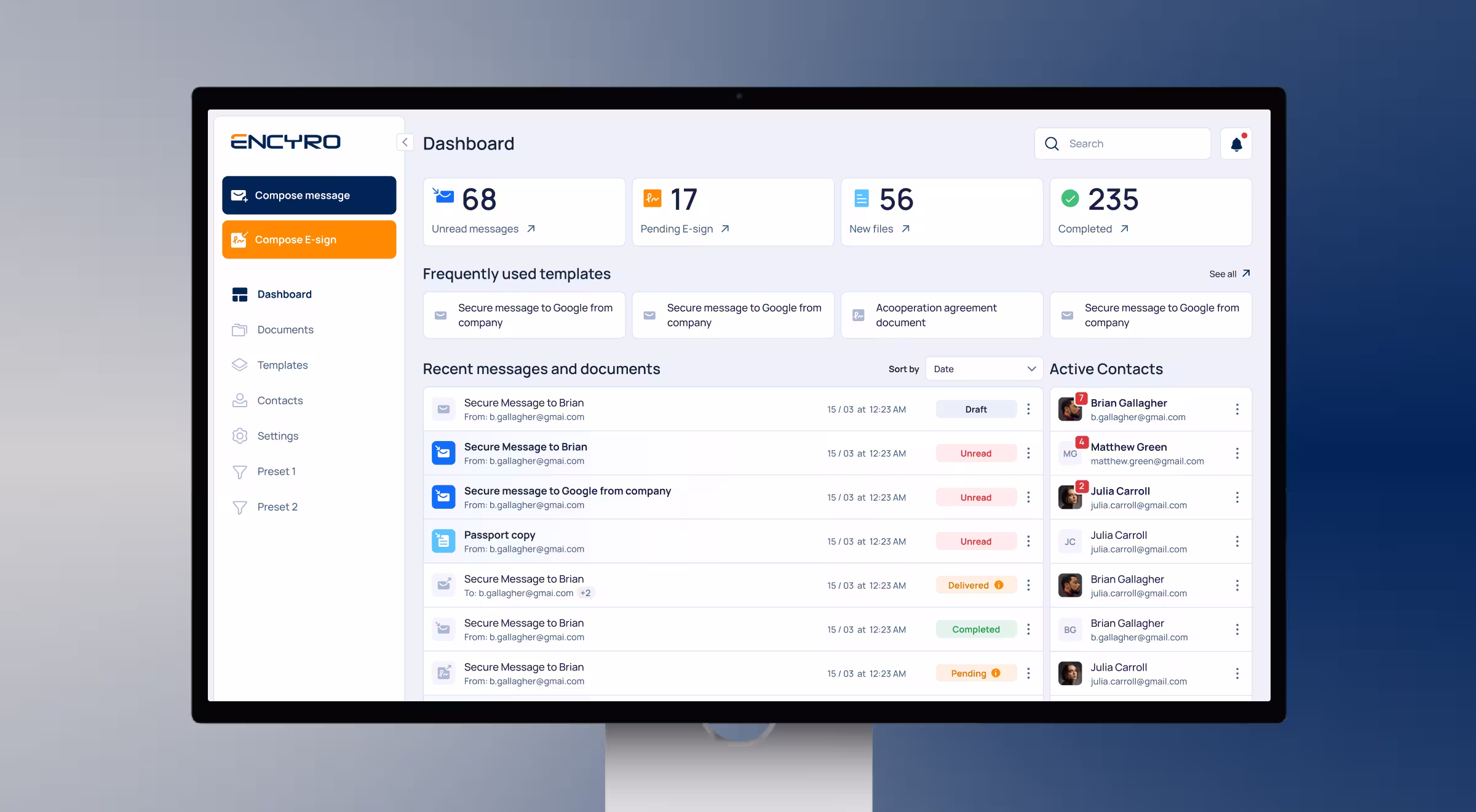 A computer monitor displays the Encyro dashboard interface, featuring sections for composing secure messages and e-signatures. The dashboard shows metrics such as unread messages, pending e-signs, new files, and completed tasks. Below, recent messages and documents are listed with status tags like Draft, Unread, Delivered, Completed, and Pending. The right side displays a list of active contacts with profile photos and email addresses. The layout is clean, with a white and blue color scheme accented by orange buttons.