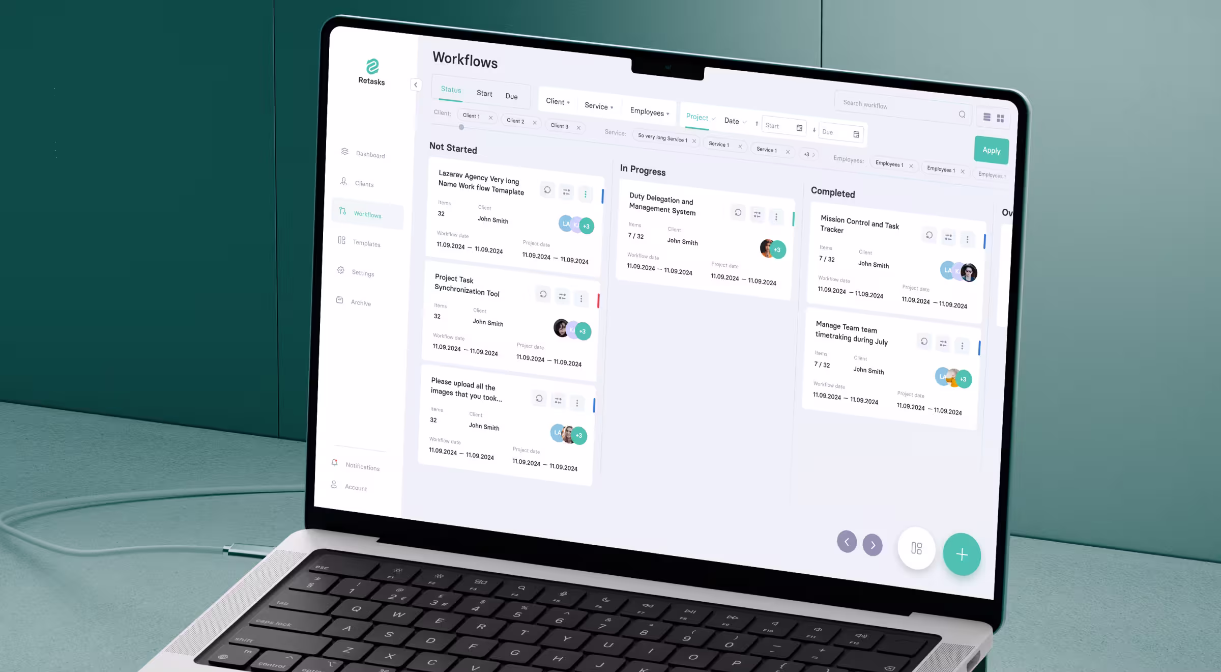 A laptop displays a workflow management dashboard with columns for task status: Not Started, In Progress, and Completed. The interface includes project names, due dates, clients, and team avatars in a clean, light theme. The branding reads "Retasks" in the top left corner.A laptop displays a workflow management dashboard with columns for task status: Not Started, In Progress, and Completed. The interface includes project names, due dates, clients, and team avatars in a clean, light theme. The branding reads "Retasks" in the top left corner.
