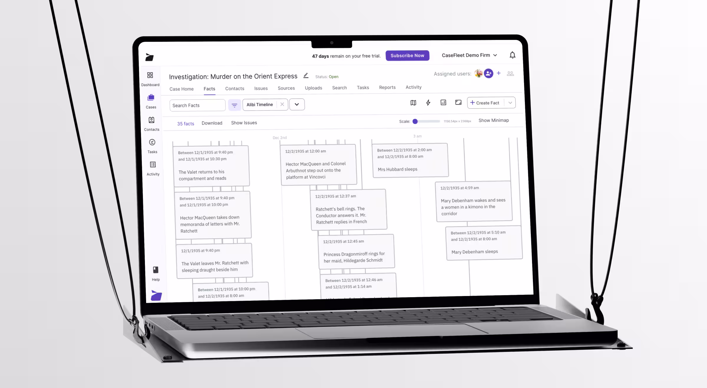 A laptop screen displays a timeline-based legal investigation tool. The interface shows case details for "Murder on the Orient Express," with chronological fact cards and a navigation sidebar. The layout supports evidence tracking and timeline visualization.