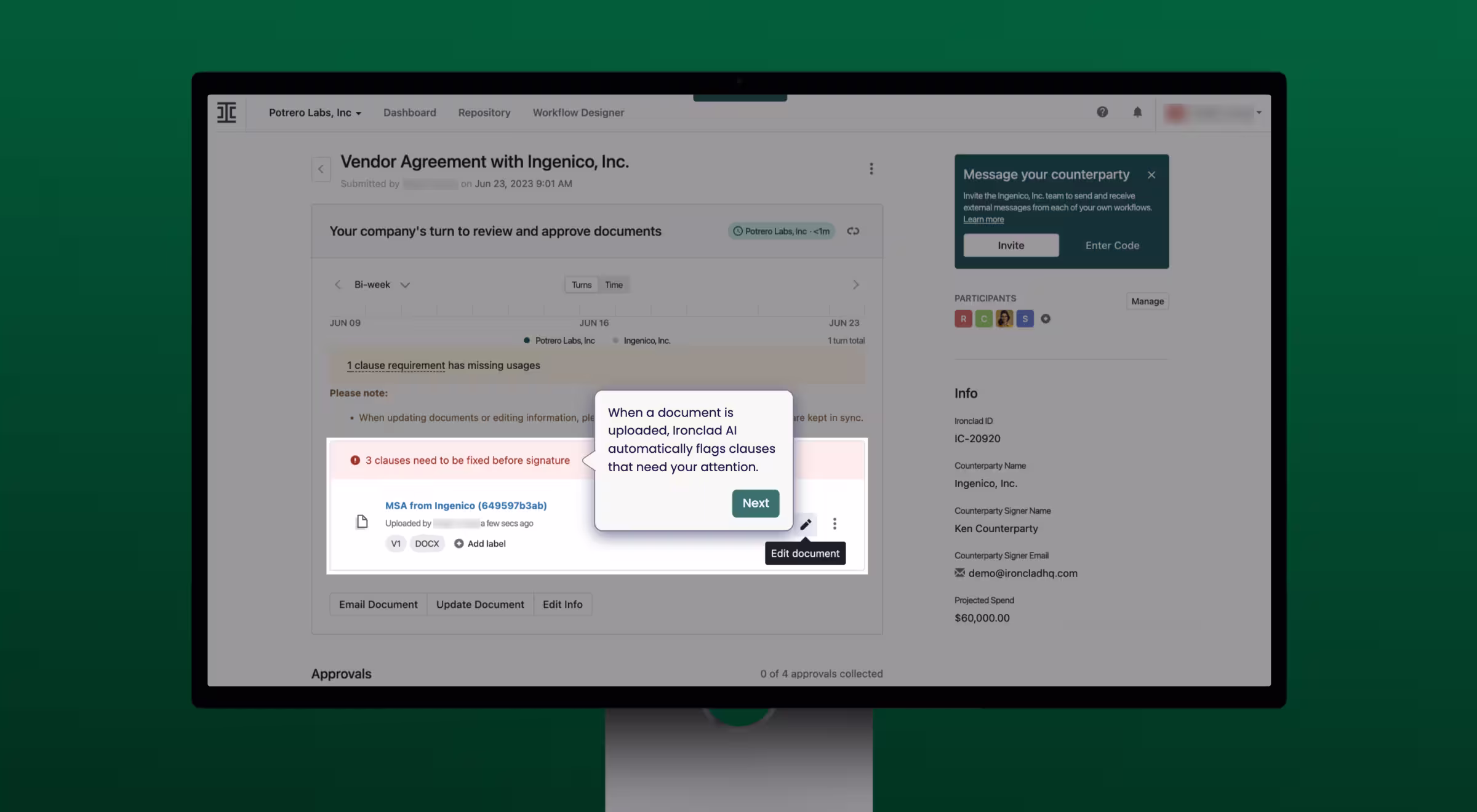 A computer screen displays Ironclad's contract review platform highlighting an uploaded vendor agreement. An AI-powered tooltip explains that the system flags clauses needing attention before signing.