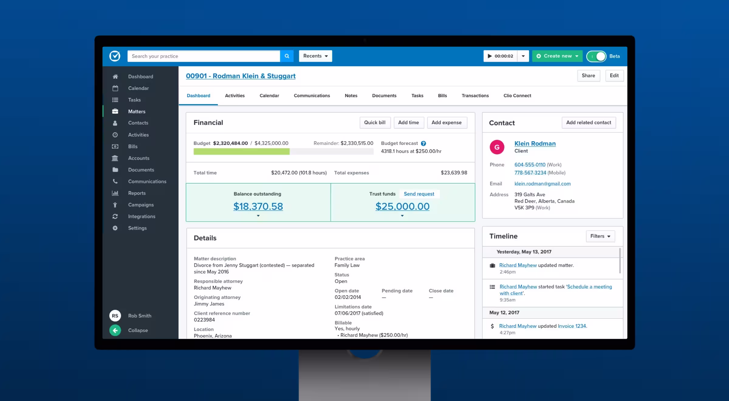 A legal case management dashboard displays financial data, client contact details, and a case timeline. The interface includes budget tracking, billing tools, and document organization for legal professionals.