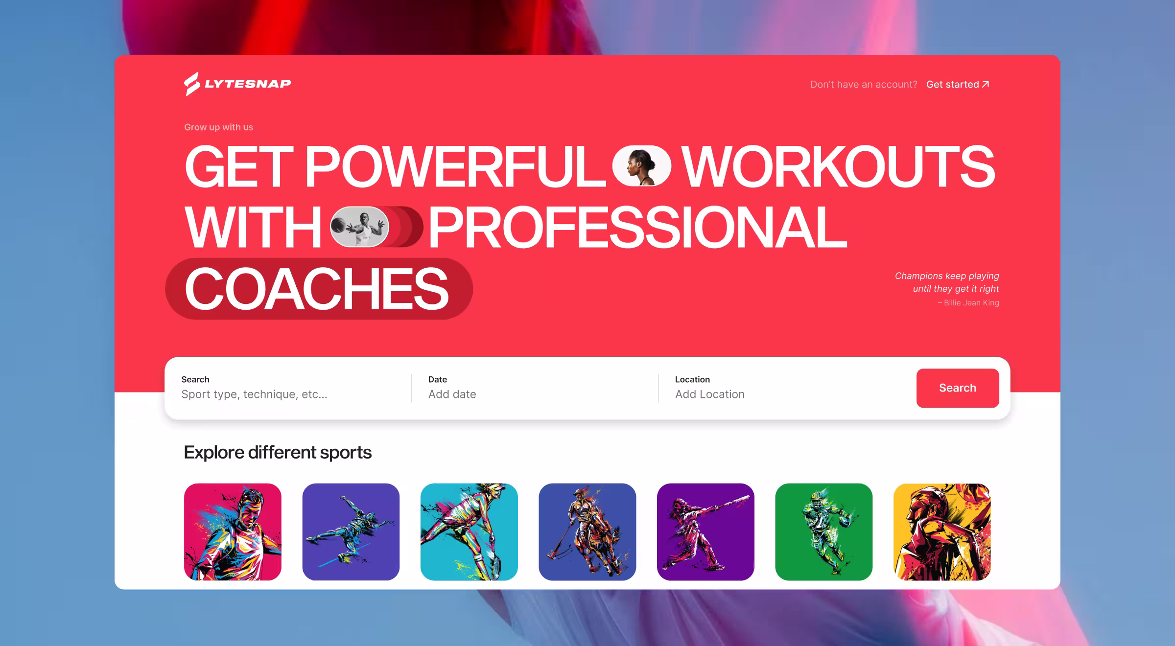 A vibrant homepage of the Lytesnap platform showcasing a bold red and white interface with the headline "Get powerful workouts with professional coaches." The design includes playful emoji accents, a search bar for sport type, date, and location, and a colorful gallery of illustrated sports icons for exploring different athletic disciplines.