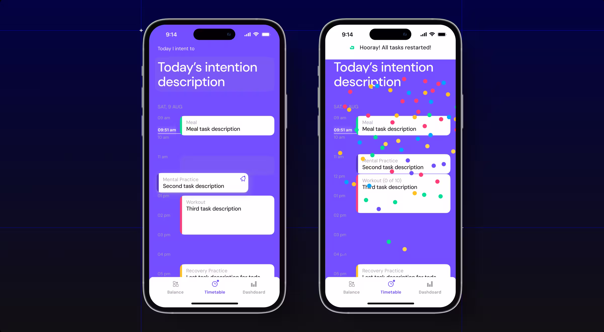 Two smartphones display a purple-themed daily planner app with time-blocked tasks like meals, mental practice, workouts, and recovery. The left screen shows a clean task view, while the right screen celebrates task completion with colorful confetti.