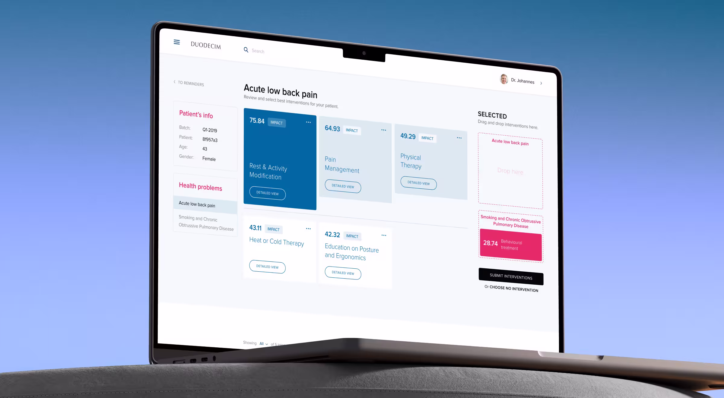 A laptop screen displays a healthcare application interface titled “Acute low back pain.” The UI shows patient details (age, gender, ID), current health issues, and recommended interventions with impact scores. The interface allows doctors to drag and drop treatments into a "Selected" area for submission, providing a clean and structured experience for clinical decision-making.
