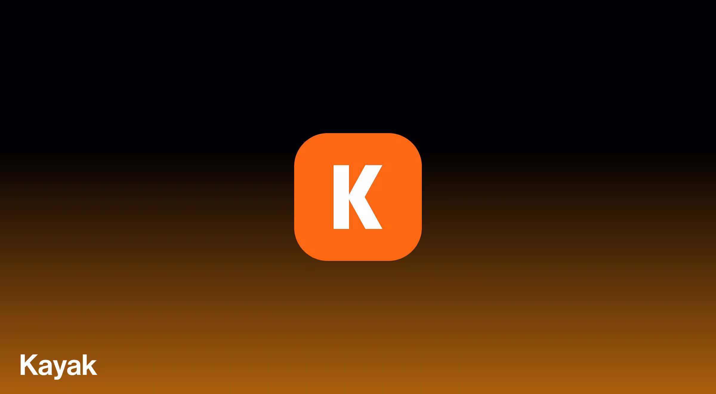 Kayak logo displayed at the center of the image with an orange square icon featuring a white letter "K". The background transitions from black at the top to orange at the bottom, and the word "Kayak" is written in white in the lower-left corner.