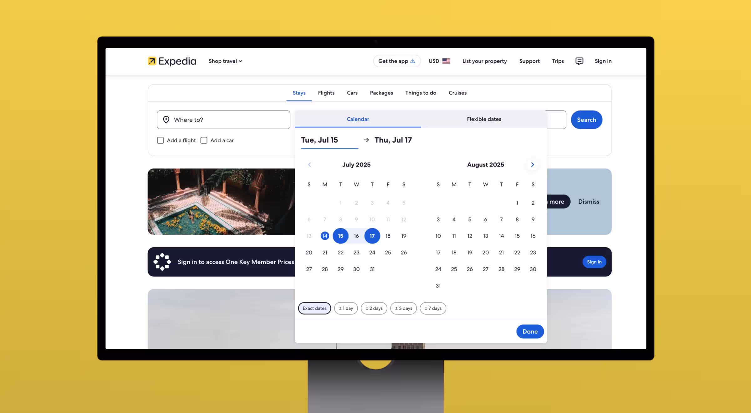 Screenshot of the Expedia homepage on a desktop screen with a yellow background. The interface displays a travel search module with options for stays, flights, cars, packages, things to do, and cruises. A calendar popup is open, showing a date selection from Tuesday, July 15 to Thursday, July 17, 2025, with flexible date options listed below. The search fields include location, flight, and car add-ons. The layout is clean and modern, with user account prompts and promotional content below the search area.